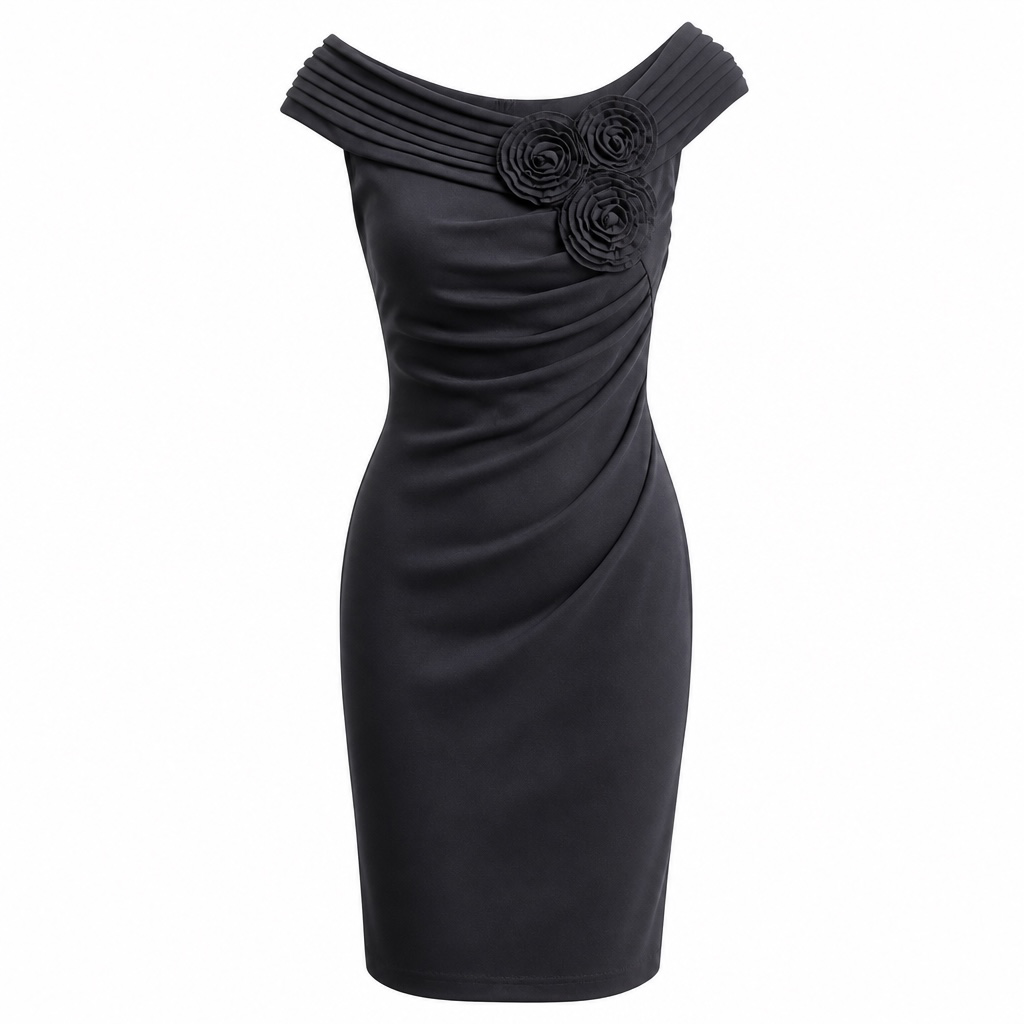 Adrianna Papell Black Off-The-Shoulder Ruched Sheath Dress with Rosette Details 3