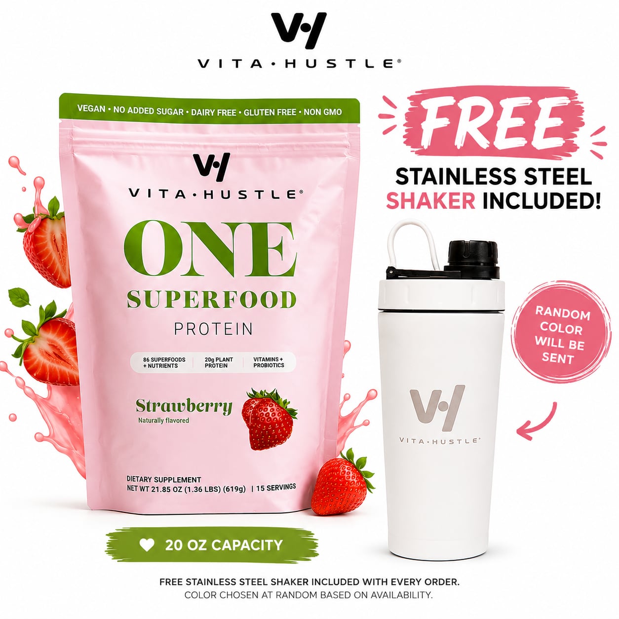 VitaHustle ONE Superfood Protein Powder - Strawberry, 21.85 oz (15 Servings) 1