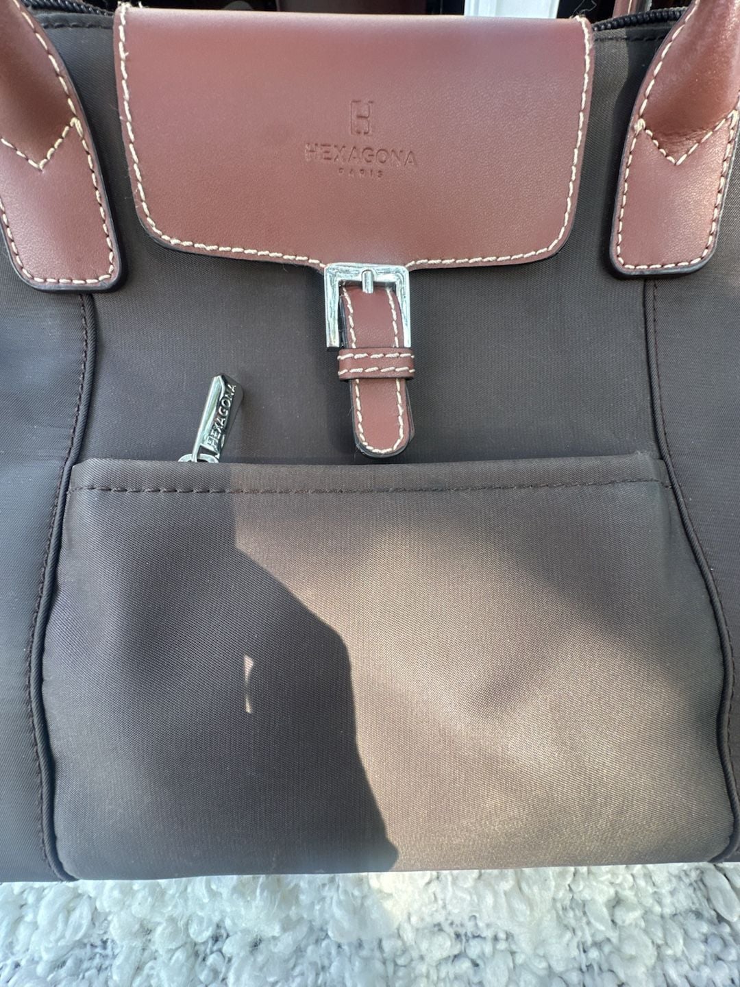 Hexagona Paris Brown Nylon and Leather Trimmed Satchel Handbag 5