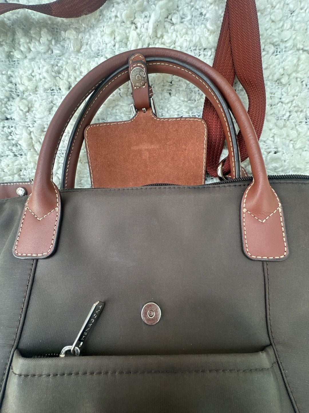 Hexagona Paris Brown Nylon and Leather Trimmed Satchel Handbag 6
