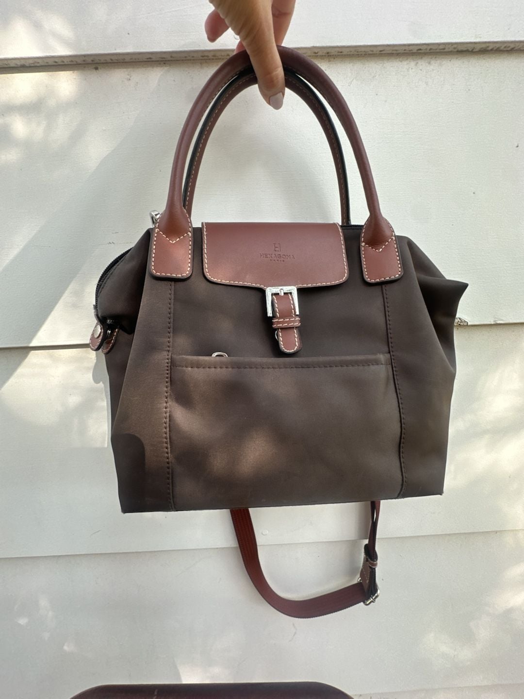 Hexagona Paris Brown Nylon and Leather Trimmed Satchel Handbag 7