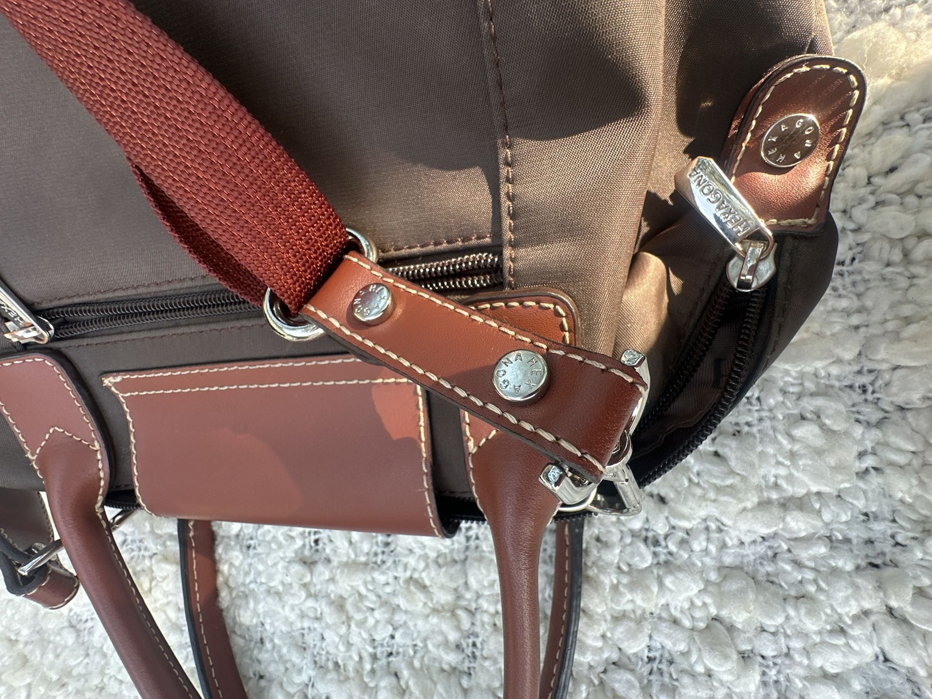 Hexagona Paris Brown Nylon and Leather Trimmed Satchel Handbag 11