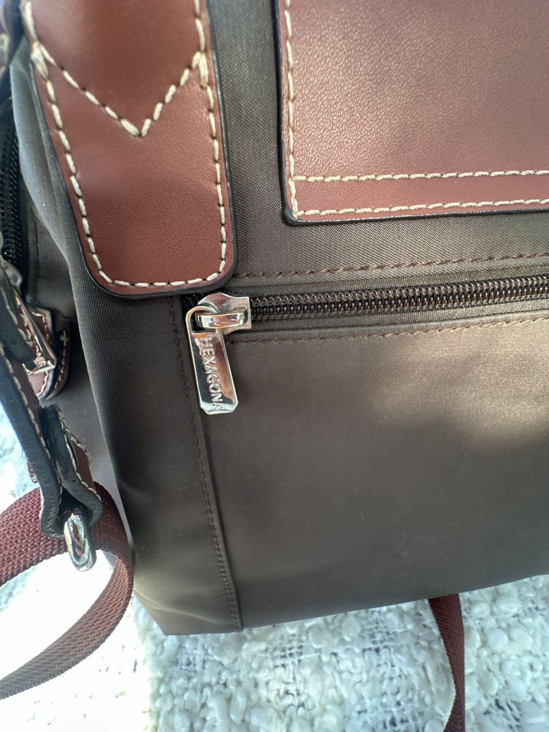 Hexagona Paris Brown Nylon and Leather Trimmed Satchel Handbag 12