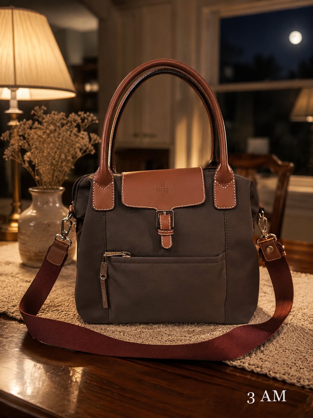 Hexagona Paris Brown Nylon and Leather Trimmed Satchel Handbag 3