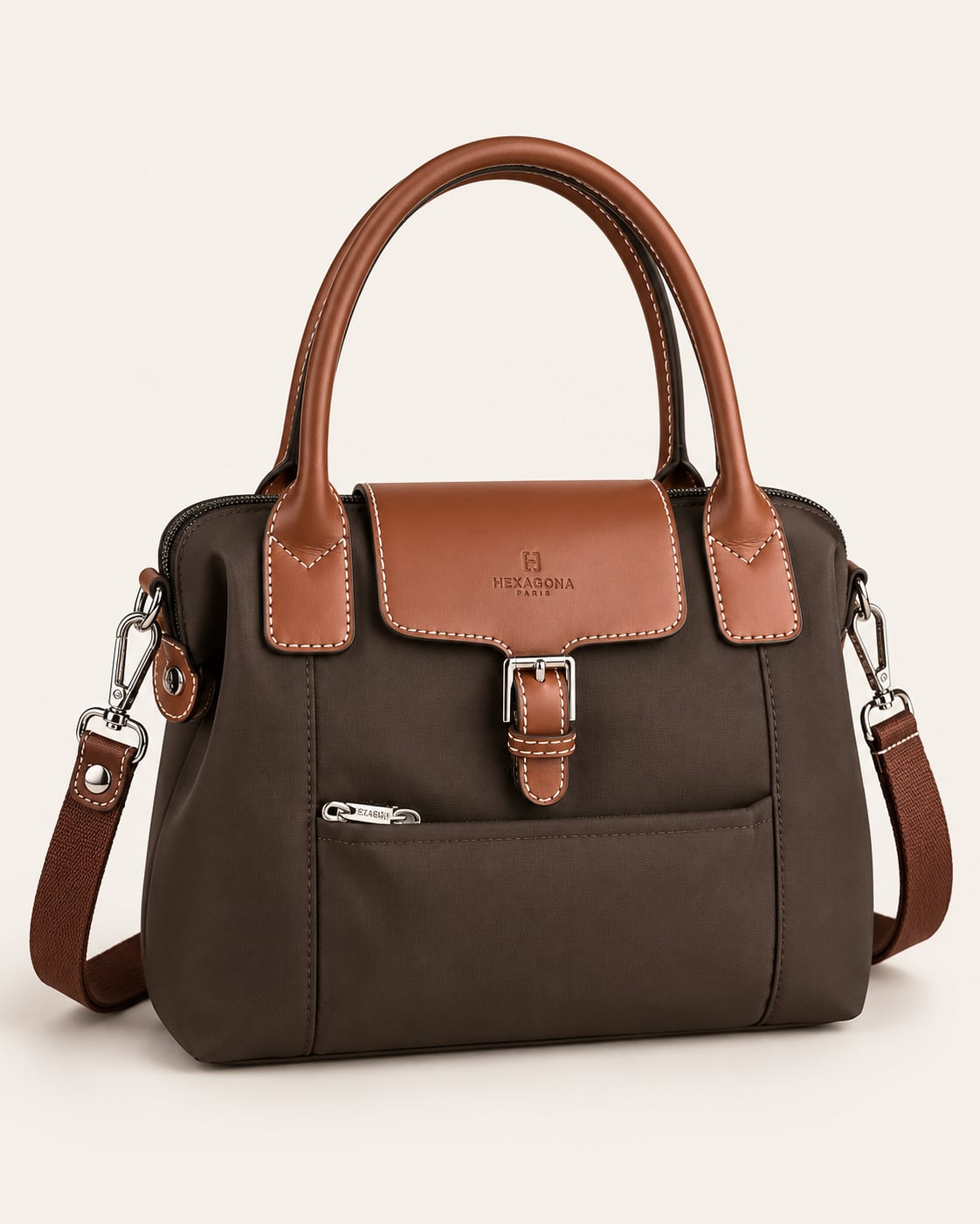 Hexagona Paris Brown Nylon and Leather Trimmed Satchel Handbag 2