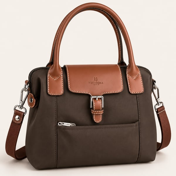 Hexagona Paris Brown Nylon and Leather Trimmed Satchel Handbag