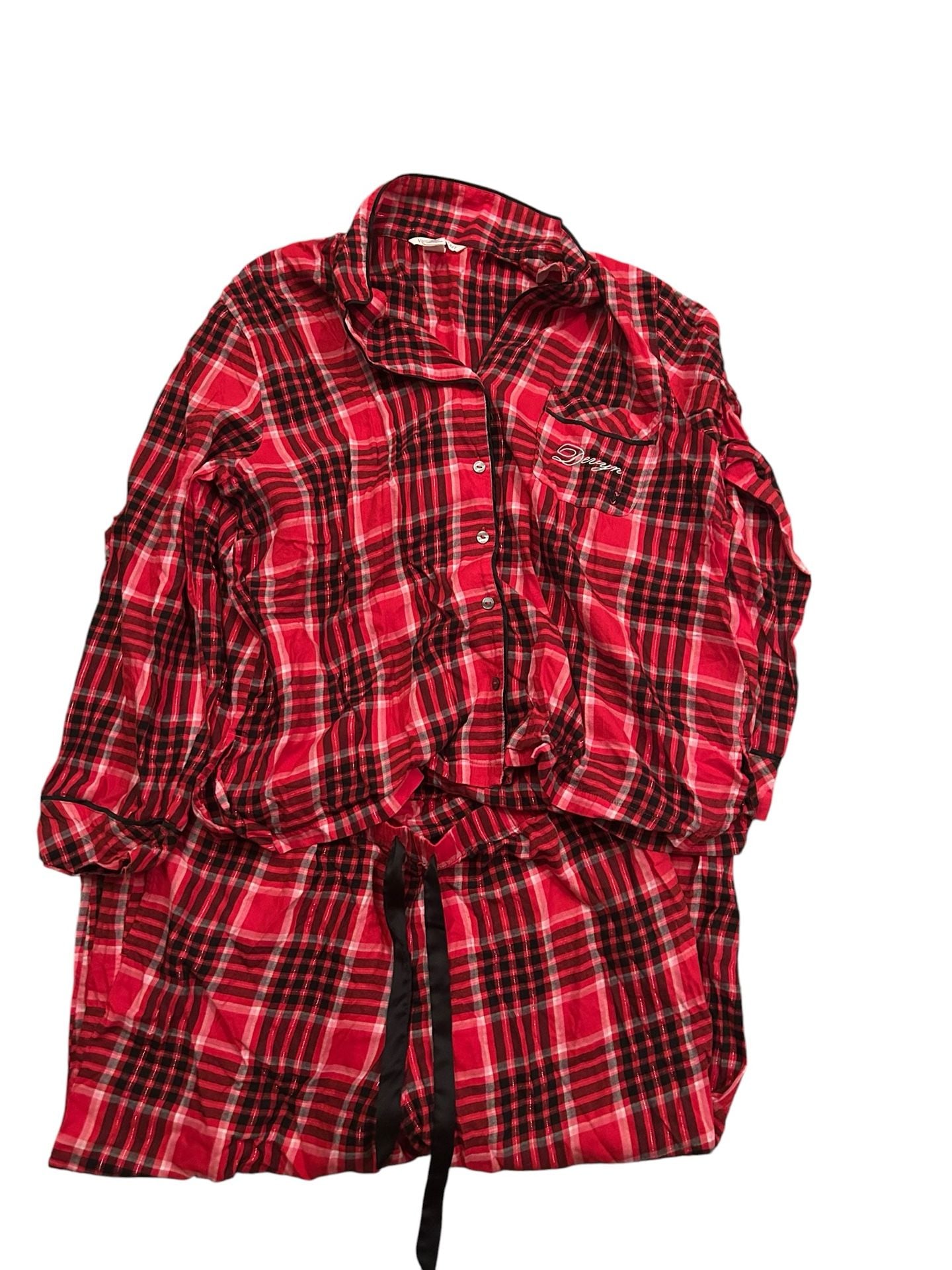Victoria's Secret Embroidered Plaid Flannel Button-Down Pajama Set 1