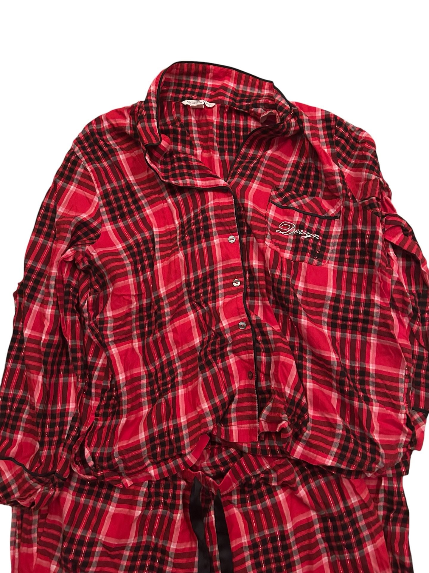 Victoria's Secret Embroidered Plaid Flannel Button-Down Pajama Set 2