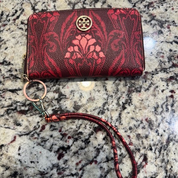 Tory Burch Kerrington Floral Print Zip Around Wristlet Wallet Red Leather
