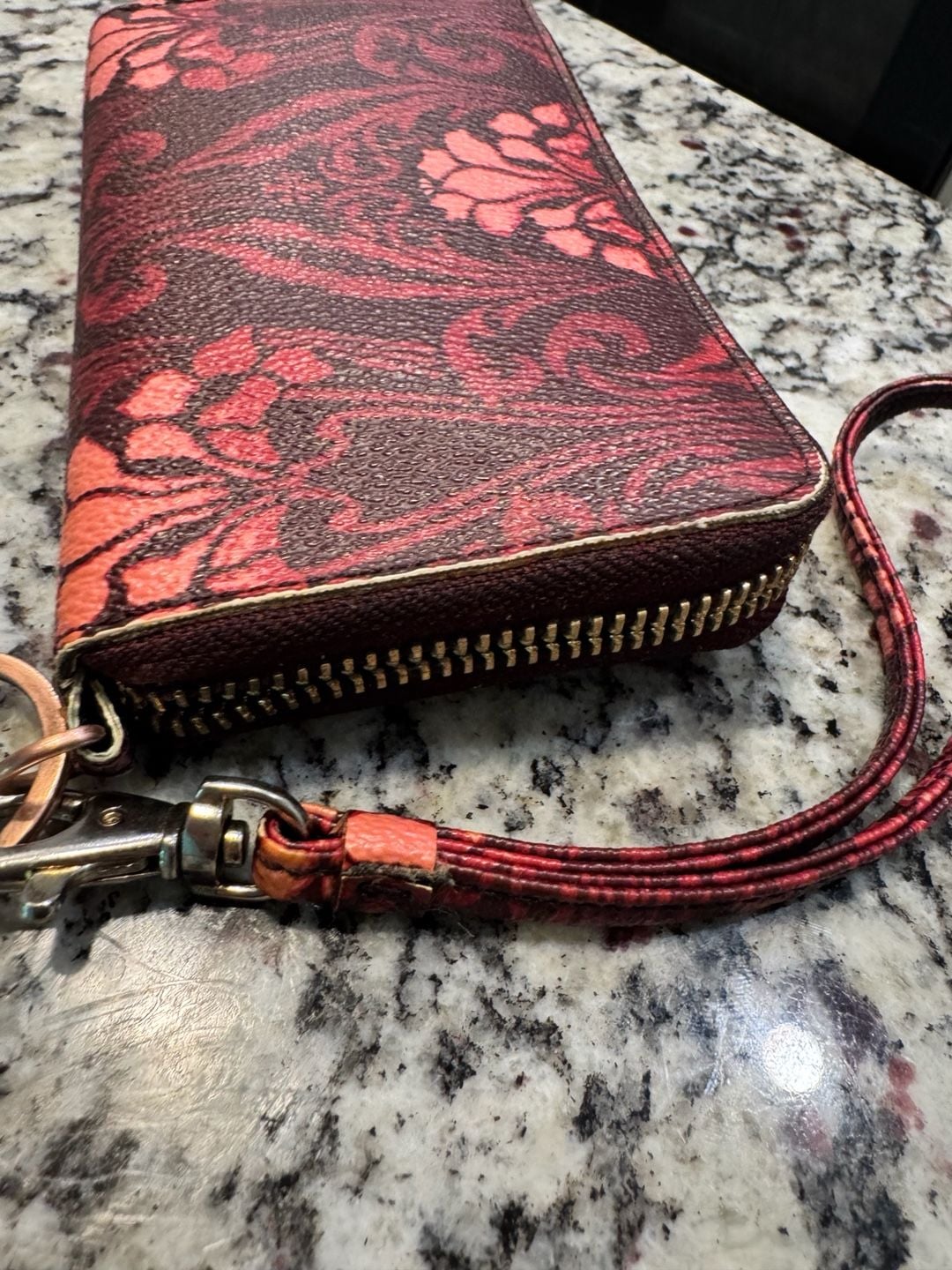 Tory Burch Kerrington Floral Print Zip Around Wristlet Wallet Red Leather 10