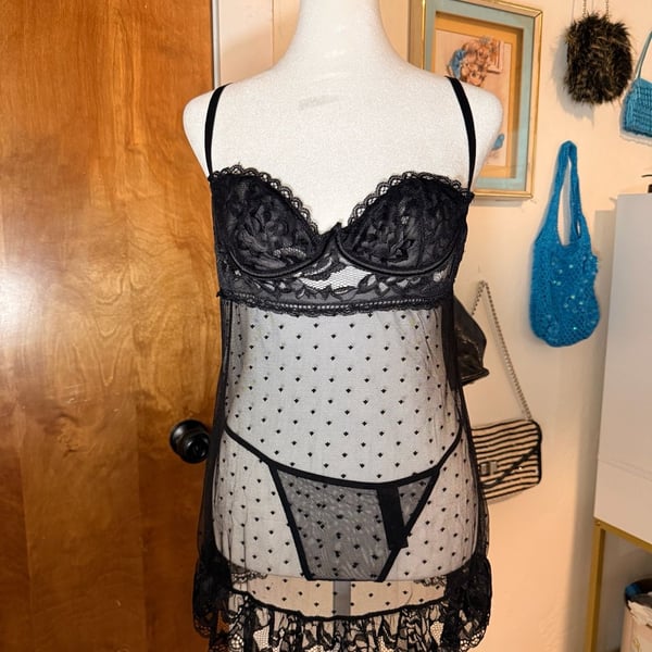 VTG Fredericks of Hollywood Black Lace Mesh Babydoll Slip G-String Set Large