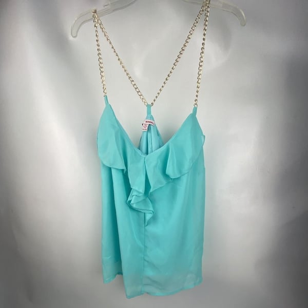 Bongo Turquoise Sheer Ruffle Tank Top with Gold Chain Straps New