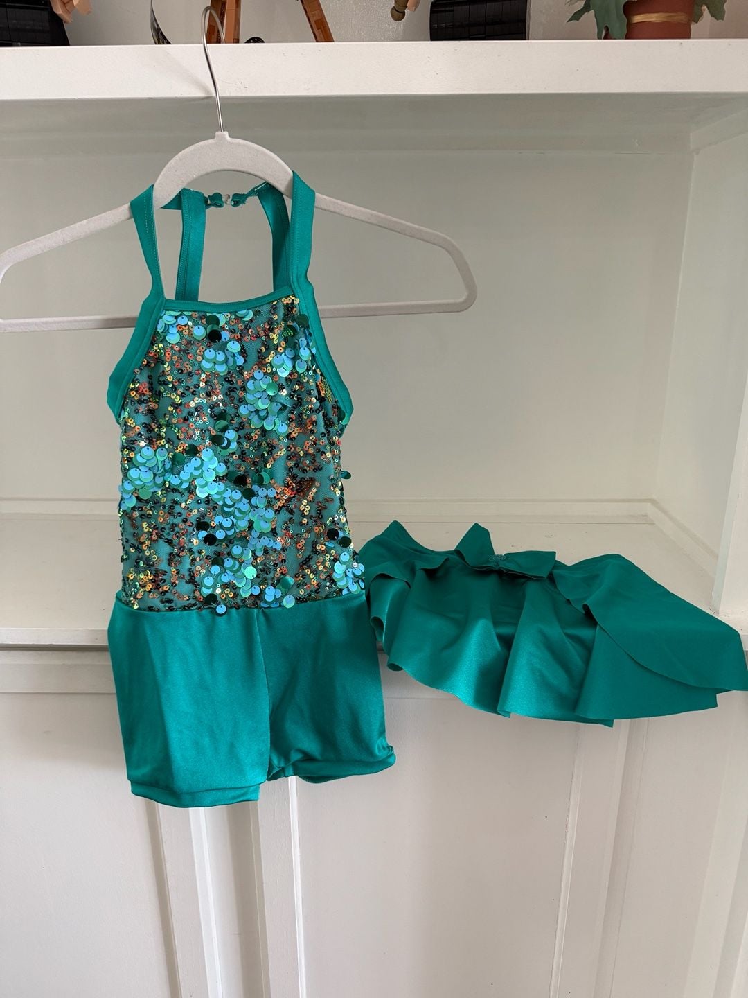 Weissman Emerald Green Sequin Halter Dance Biketard with Skirt 1
