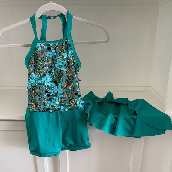 Weissman Emerald Green Sequin Halter Dance Biketard with Skirt