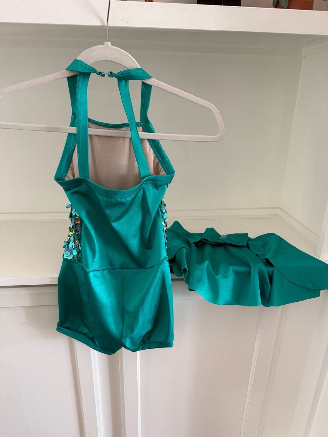 Weissman Emerald Green Sequin Halter Dance Biketard with Skirt 4