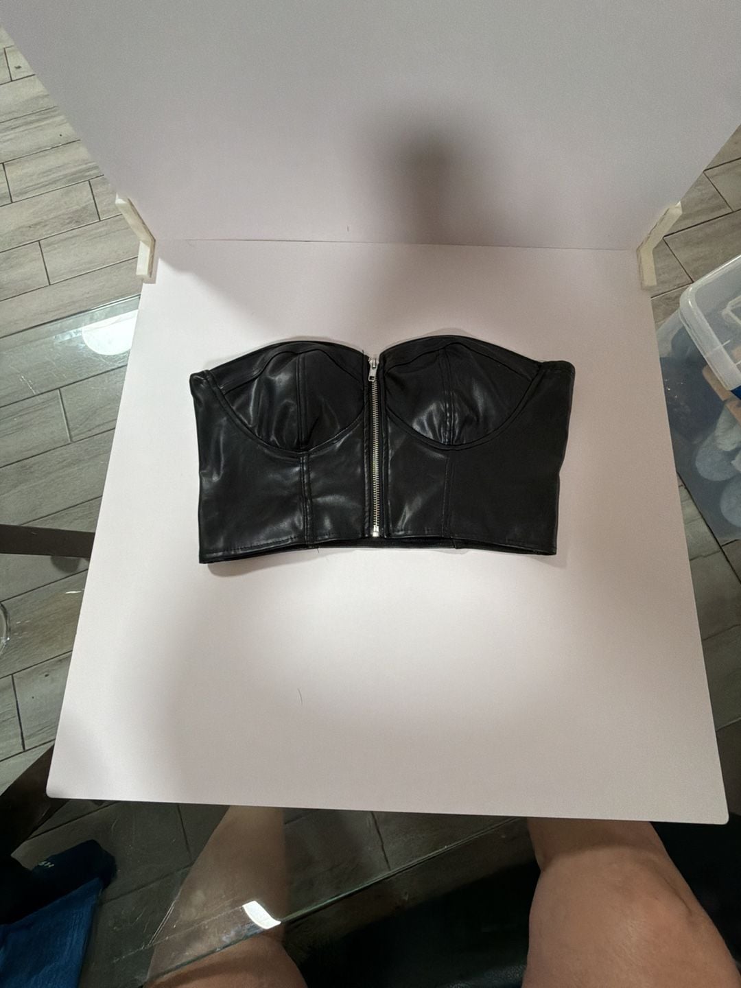 Faux Leather Strapless Zipper Front Bustier Crop Top 1