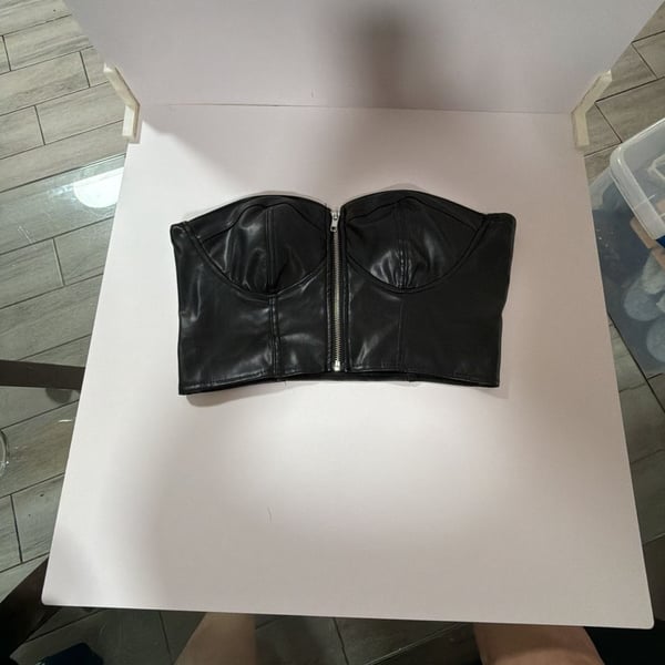 Faux Leather Strapless Zipper Front Bustier Crop Top