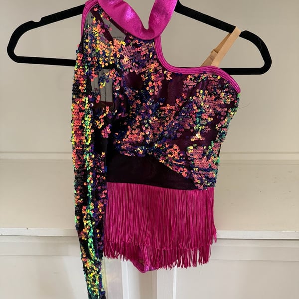 Revolution Dancewear Asymmetrical Girl’s Sequin with Fringe Dance Costume