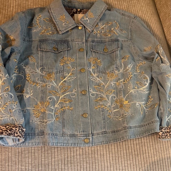 John Mark Women's Embroidered Denim Jacket with Metallic Floral Details 