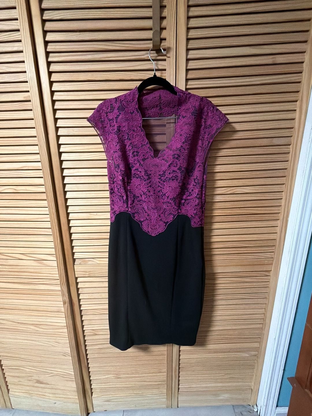 Adrianna Papell Fuchsia Lace Bodice Black Pencil Sheath Dress 1