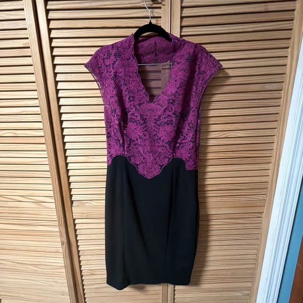 Adrianna Papell Fuchsia Lace Bodice Black Pencil Sheath Dress