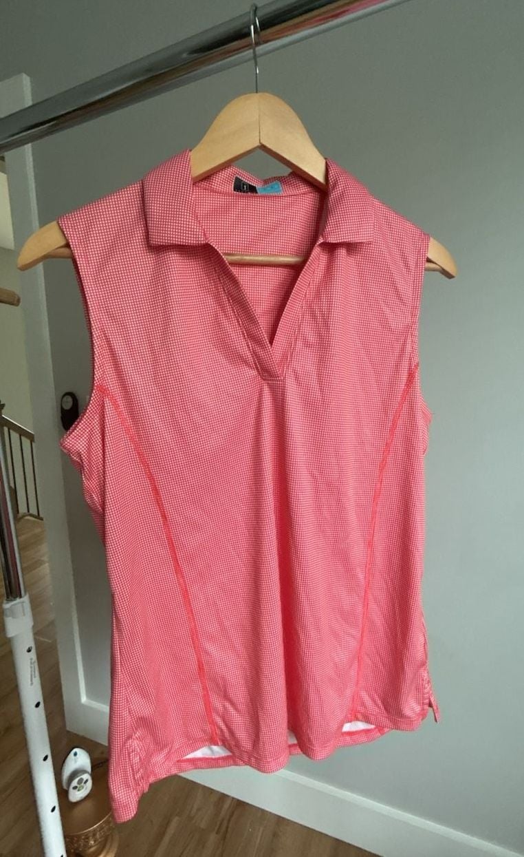 PGA TOUR Women's Airflux Sleeveless Gingham Golf Polo Shirt, Hot Coral 2