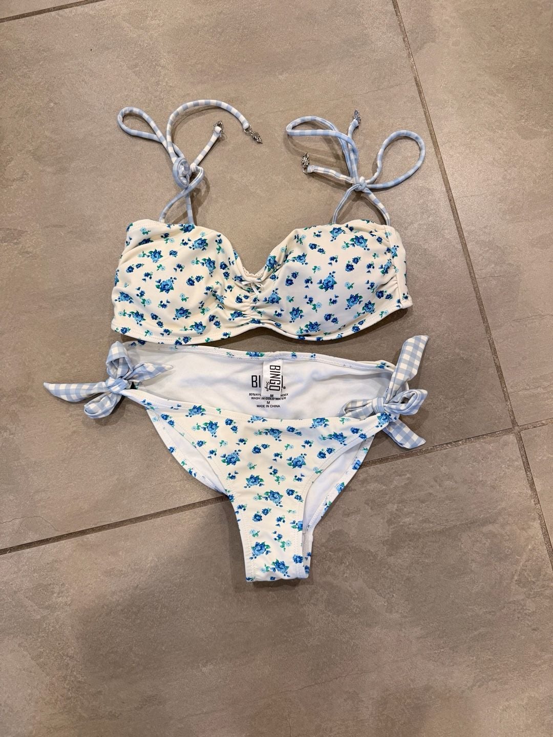 Bingo Surf Floral Print and Gingham Tie-Side Bikini Set 1