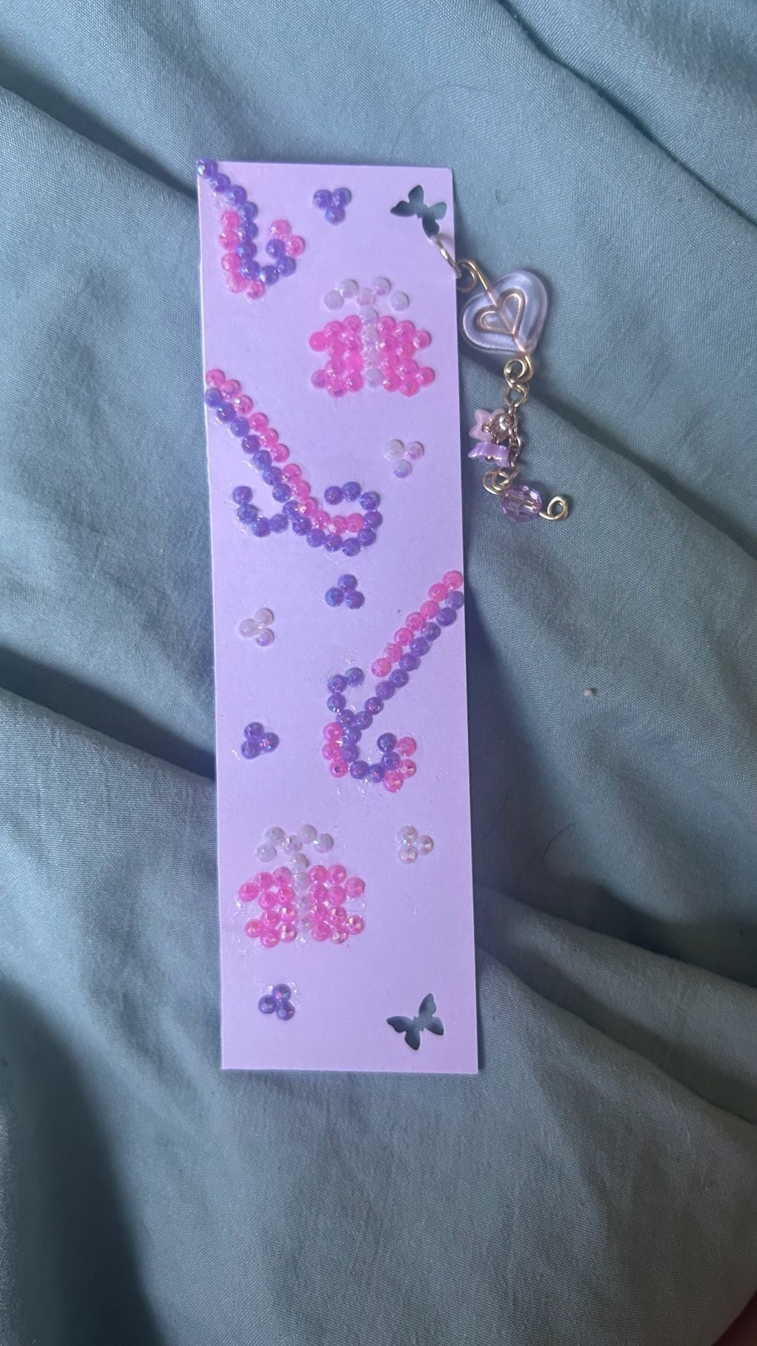 Handmade Pastel Purple Butterfly Themed Bookmark with Rhinestone Accents and Heart Charm 1