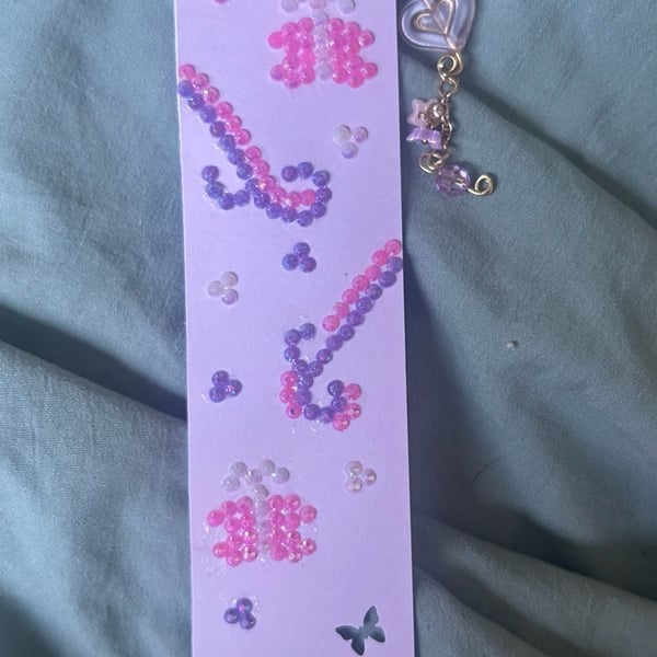 Handmade Pastel Purple Butterfly Themed Bookmark with Rhinestone Accents and Heart Charm