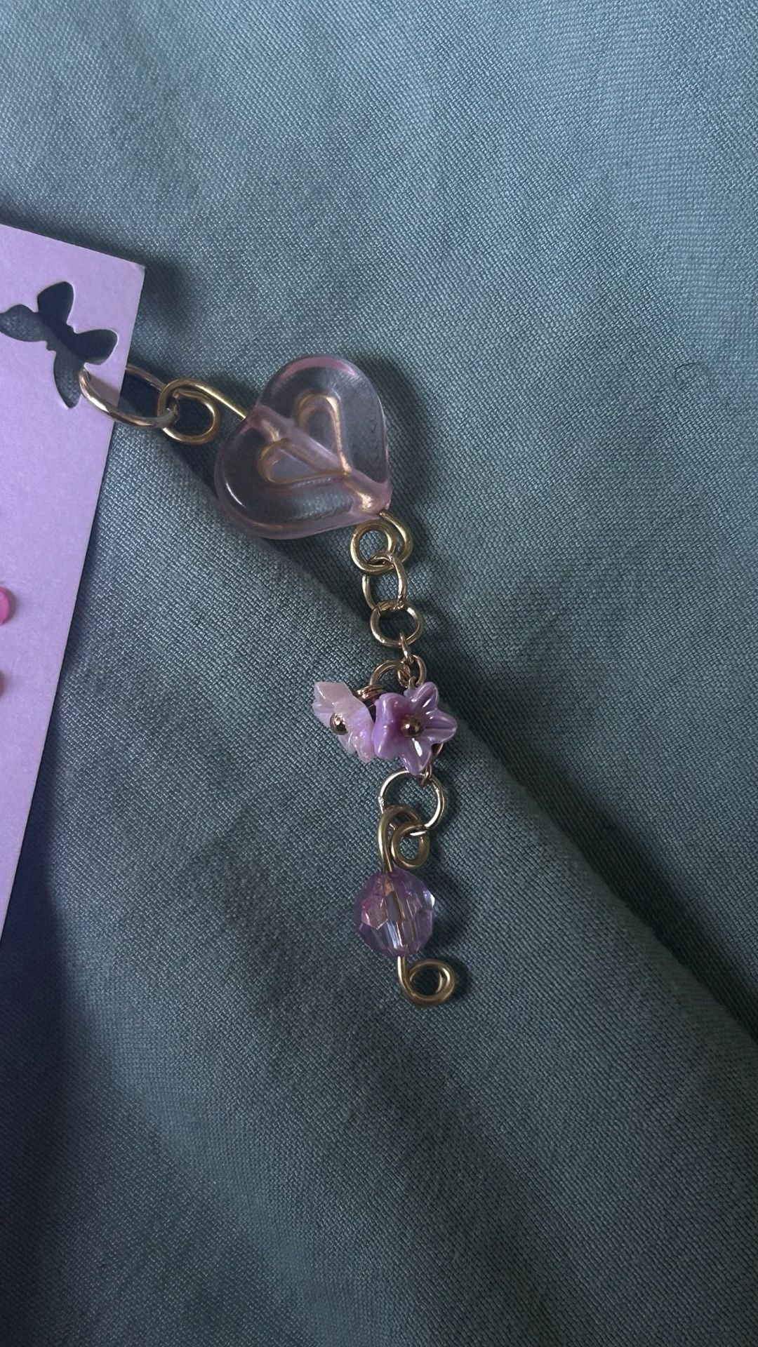 Handmade Pastel Purple Butterfly Themed Bookmark with Rhinestone Accents and Heart Charm 2