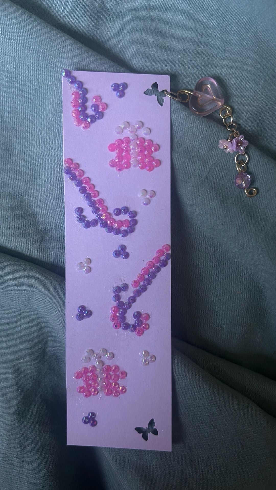 Handmade Pastel Purple Butterfly Themed Bookmark with Rhinestone Accents and Heart Charm 5