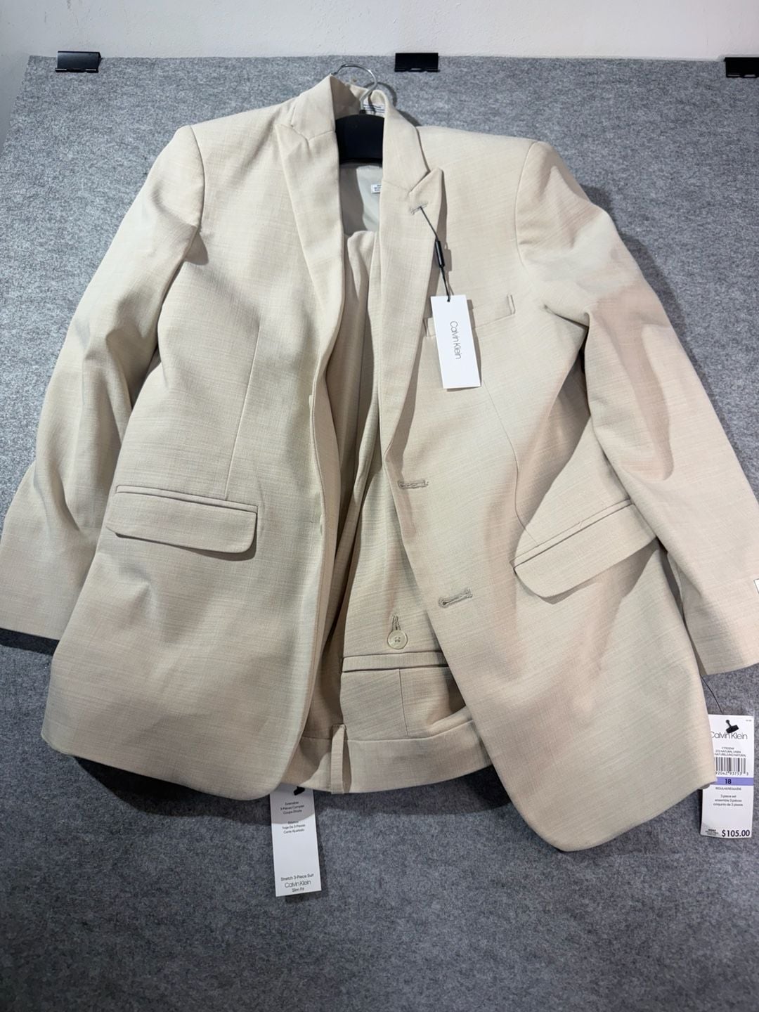 Calvin Klein Slim Fit Stretch 3-Piece Suit in Natural Linen 1