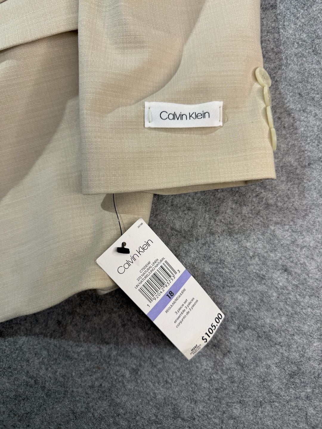 Calvin Klein Slim Fit Stretch 3-Piece Suit in Natural Linen 2