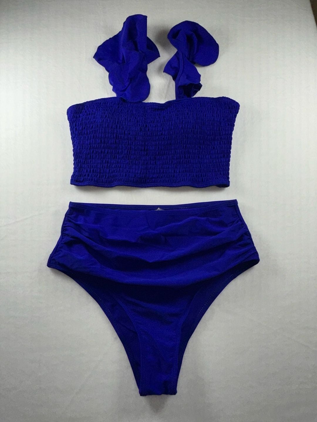 Royal Blue Smocked Bandeau Ruffle Strap High-Waisted Bikini Set 1