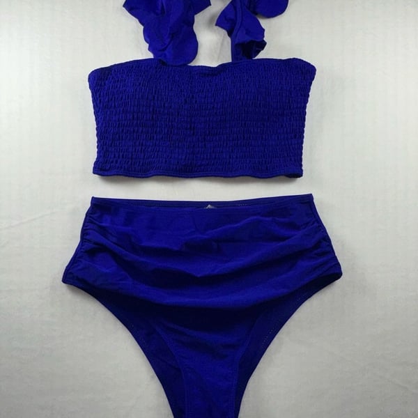 Royal Blue Smocked Bandeau Ruffle Strap High-Waisted Bikini Set