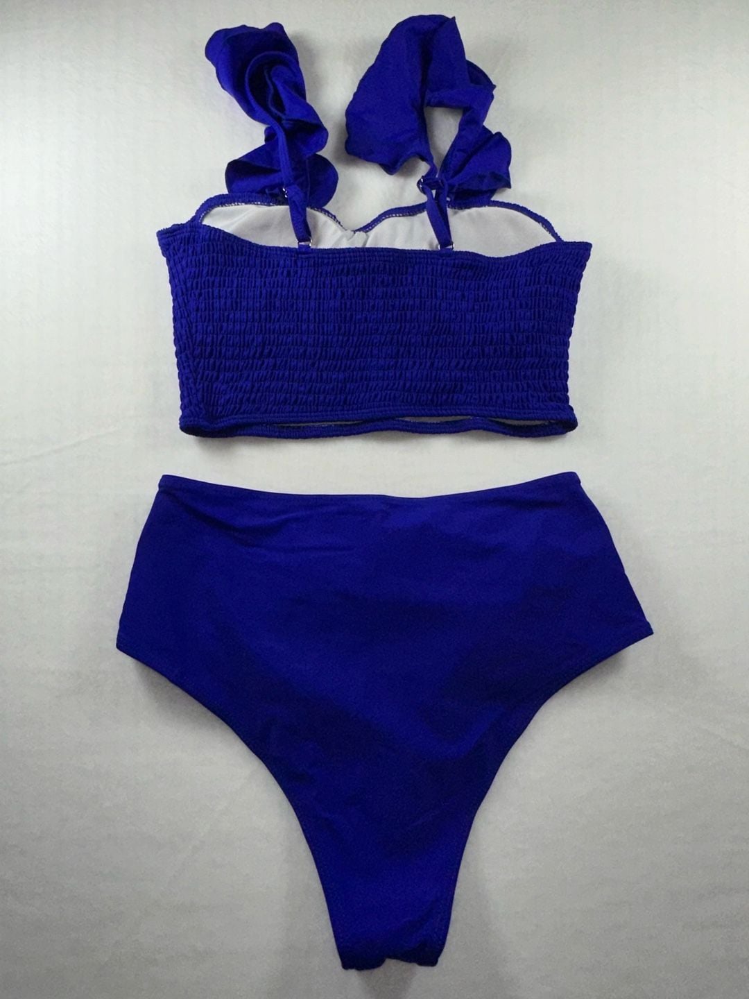 Royal Blue Smocked Bandeau Ruffle Strap High-Waisted Bikini Set 2