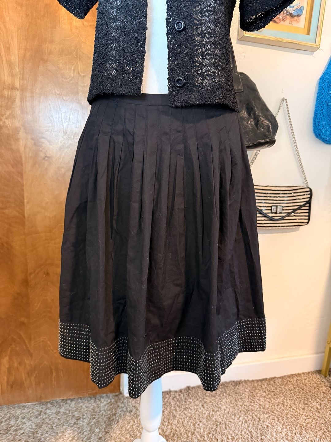 Vintage Talbots Petites Black Pleated Beaded Cotton Midi Skirt 2