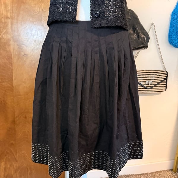 Vintage Talbots Petites Black Pleated Beaded Cotton Midi Skirt