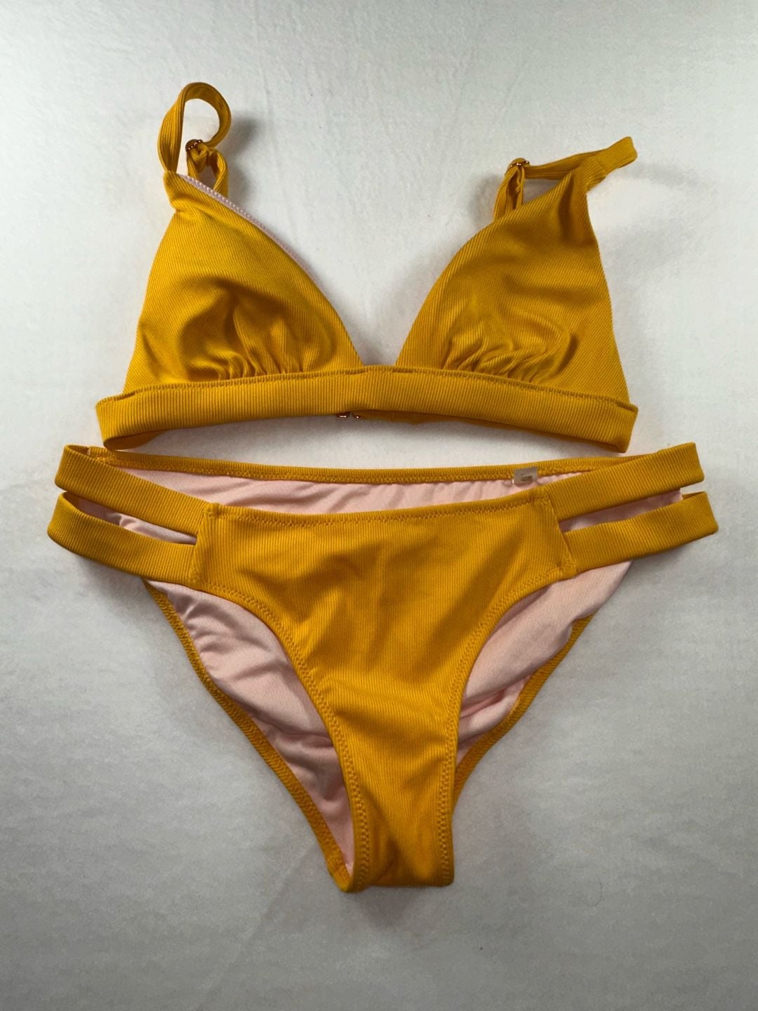 Shade & Shore Mustard Yellow Ribbed Triangle Bikini Set 1
