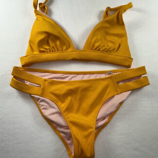 Shade & Shore Mustard Yellow Ribbed Triangle Bikini Set