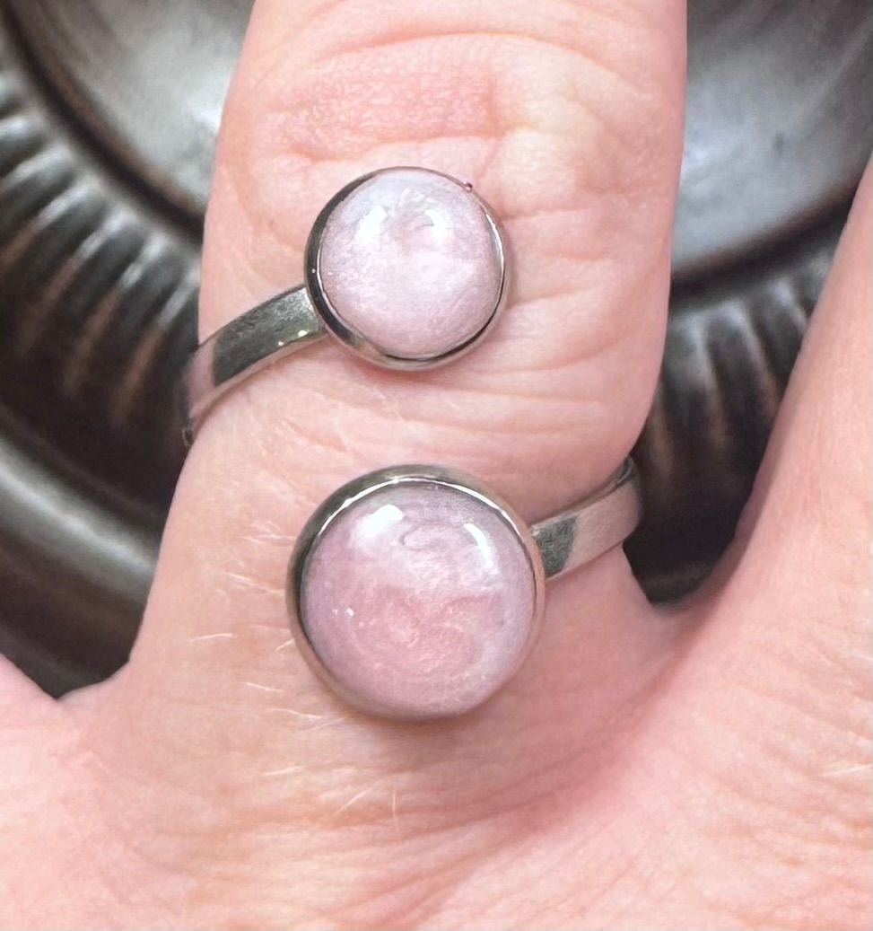 Minimalist Adjustable Two-Stone Cabochon Ring in Pale Pink Shimmer 1