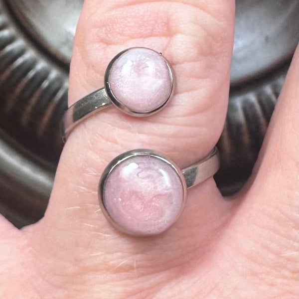 Minimalist Adjustable Two-Stone Cabochon Ring in Pale Pink Shimmer