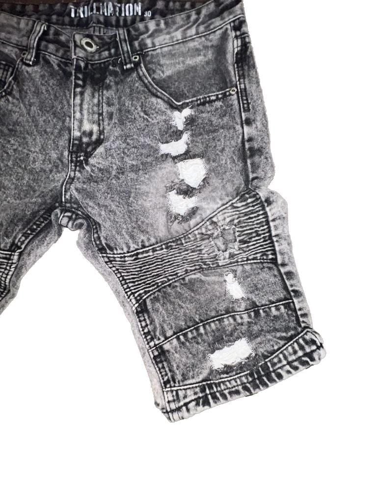 Trillnation Men's Acid Wash Grey Distressed Moto Biker Denim Shorts 8