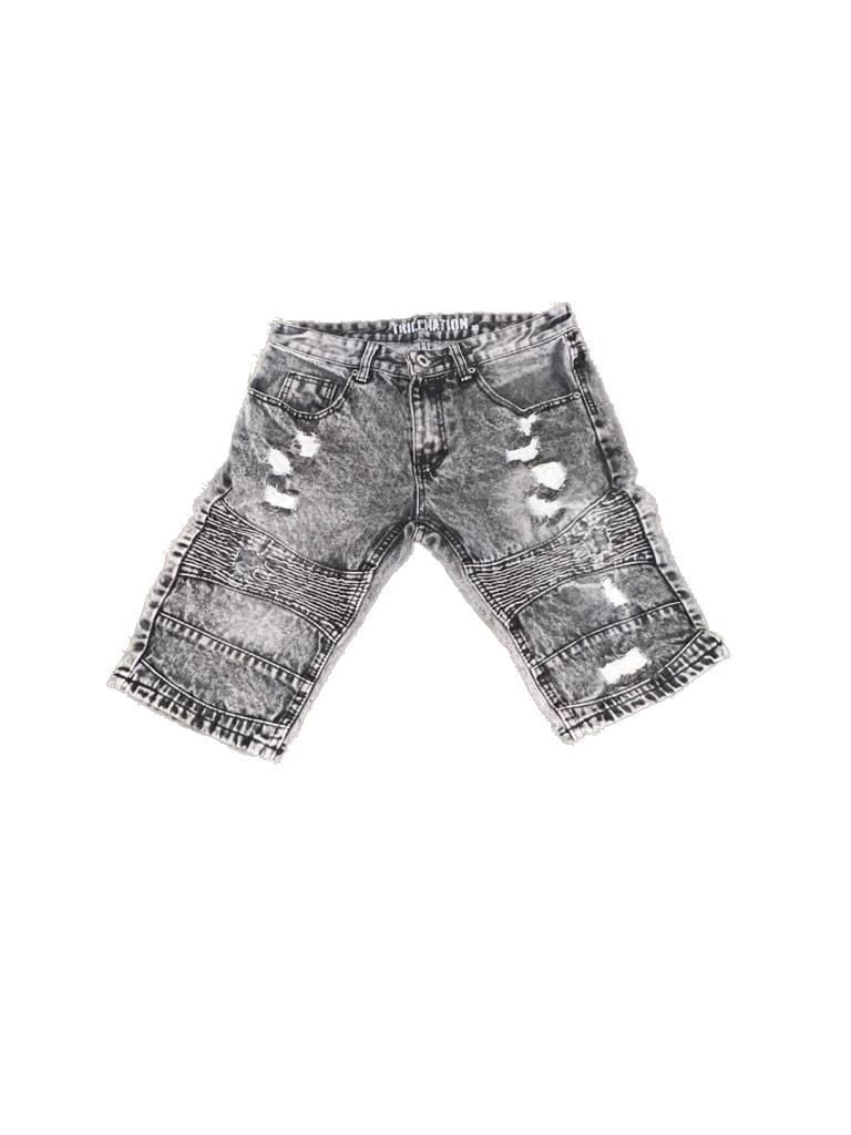 Trillnation Men's Acid Wash Grey Distressed Moto Biker Denim Shorts 3