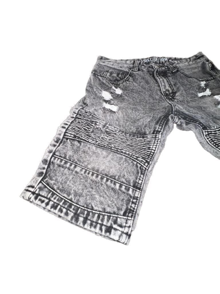 Trillnation Men's Acid Wash Grey Distressed Moto Biker Denim Shorts 7