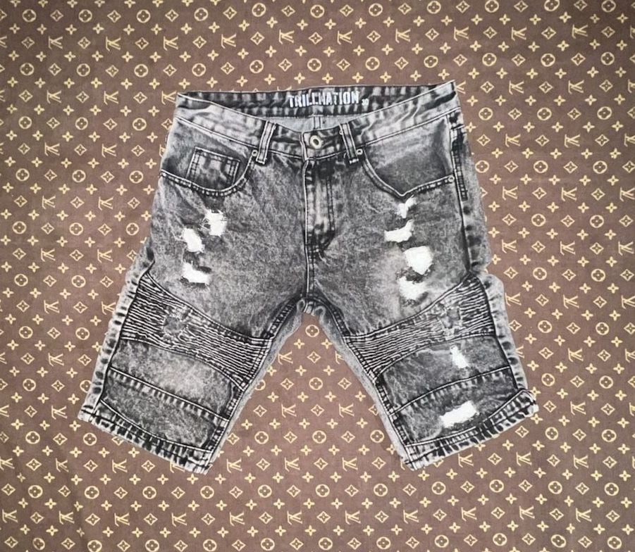 Trillnation Men's Acid Wash Grey Distressed Moto Biker Denim Shorts 2