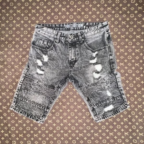 Trillnation Men's Acid Wash Grey Distressed Moto Biker Denim Shorts