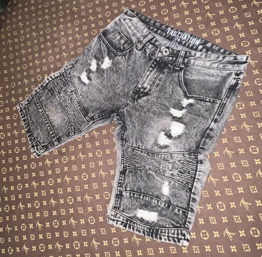 Trillnation Men's Acid Wash Grey Distressed Moto Biker Denim Shorts 4