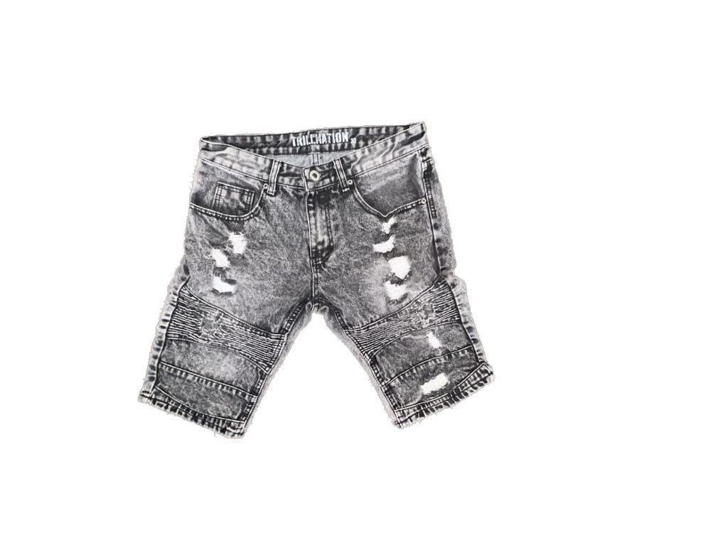 Trillnation Men's Acid Wash Grey Distressed Moto Biker Denim Shorts 9