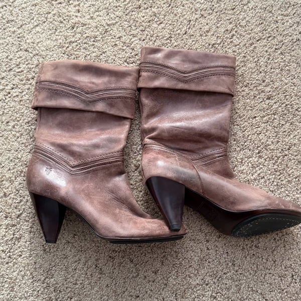 Frye Simone Cuff Brown Leather Slouchy Mid-Calf Heeled Boots